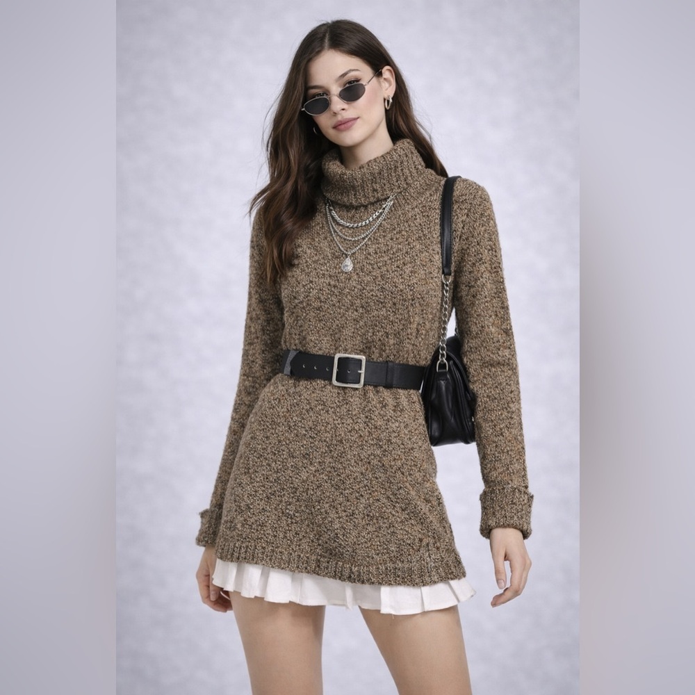 Body Central Brown Marled Turtleneck Sweater Tunic Women’s Size M Cozy Knit